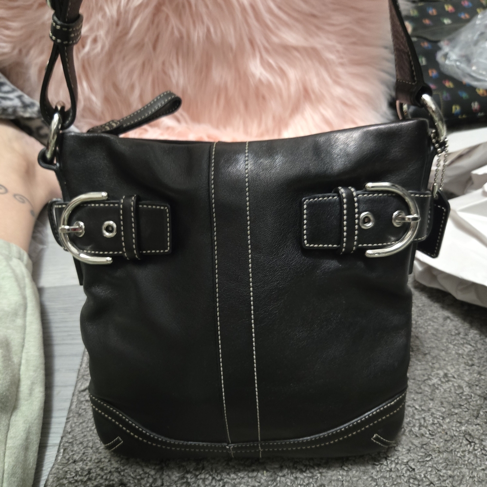 Coach Black Leather Shoulder Bag with Silver Accents